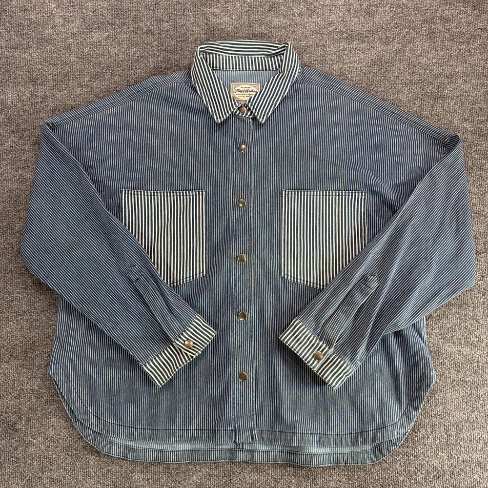 Flag & Anthem Hickory Stripe Snap Front Oversized Shirt Blue White Med Railroad